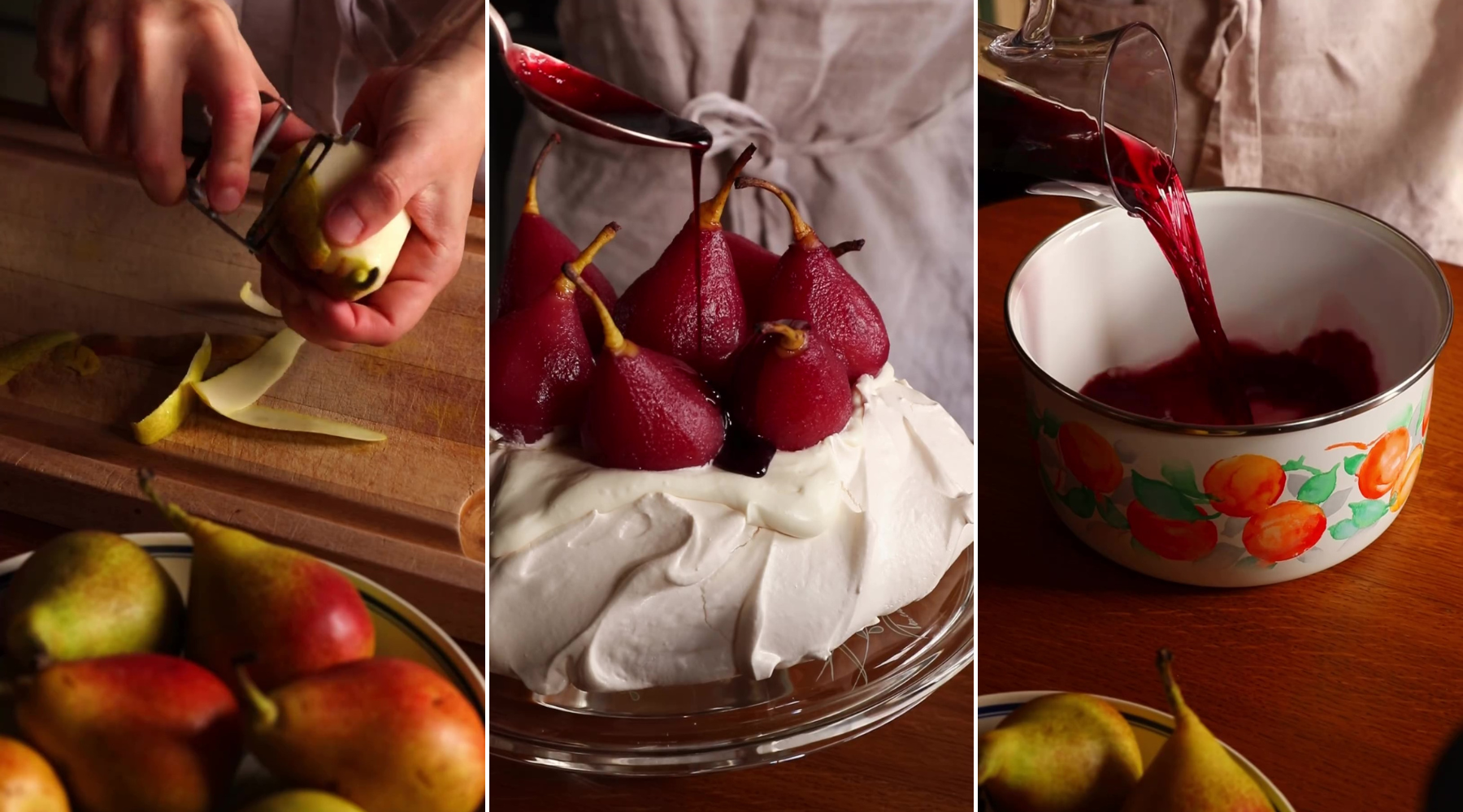 Pavlova torta sa kruškama poširanim u vinu i šlagom od cvetova pomorandže